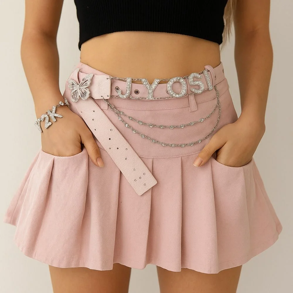 

Personality PU Leather Rhinestone Belts Chain Alloy Butterfly Waist Chain Spice Girl Fashion Y2K Waistband Women