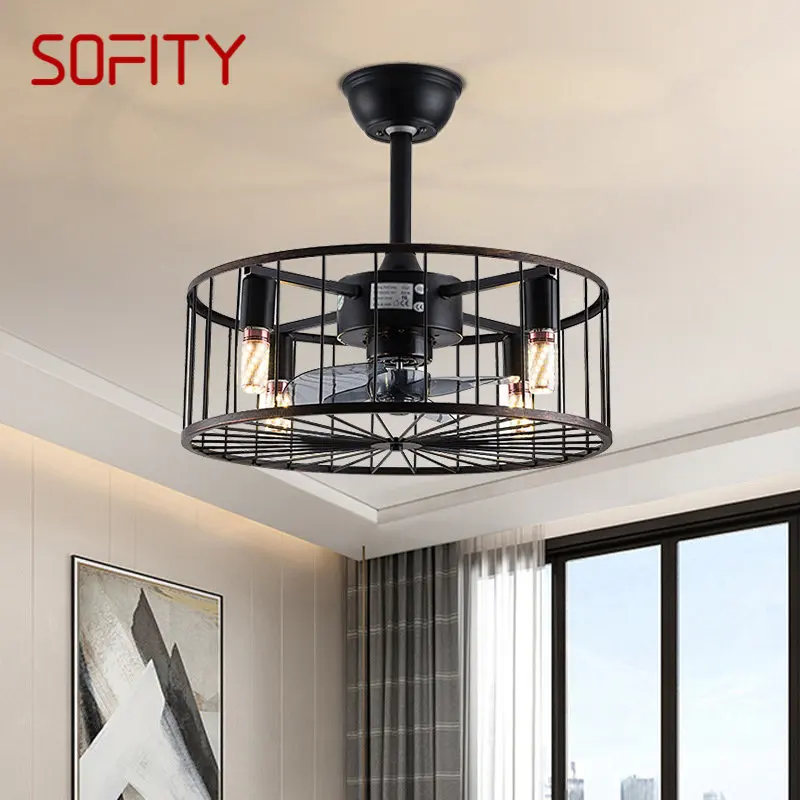 

SOFITY American Ceiling Fans Lights Black LED Lamp With Remote Control for Home Bedroom Dining Room Loft Retro