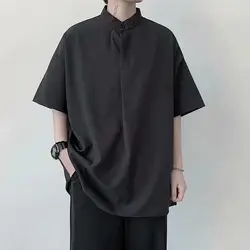 Men's Vintage Black Loose Blouse Summer New Short Sleeve Polo Neck Solid Color Ice Silk Shirt Tops Fashion Trend Men Clothing