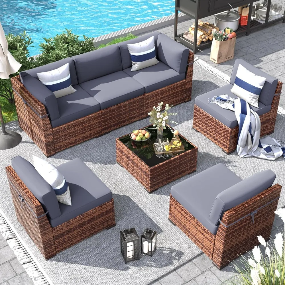 

Patio Furniture Set, 7 Piece Outdoor Modular Conversation Set Rattan Sectional Sofa for All-Weather Rattan Patio Sofa