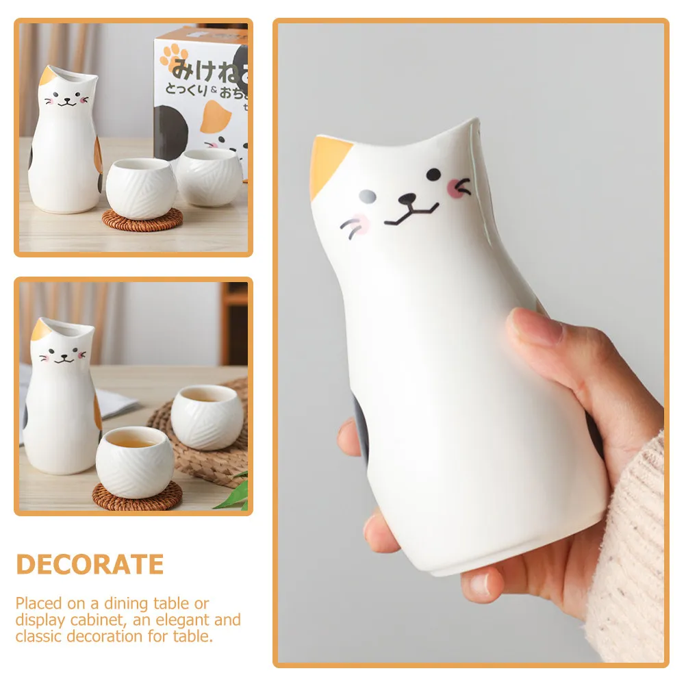 1Set Ceramic Sake Kettle and Cup Set Japanese Style Lucky Cat Design Leakproof Rice Wine Pot Cup for Table Display Gift Elegant