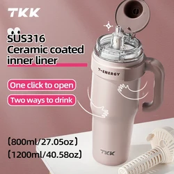 TKK 800ml/1200ml SUS316 Ceramic Coating Vacuum Cup, with Straw and Tea Strainer Vacuum Insulated Large Capacity Water Bottle