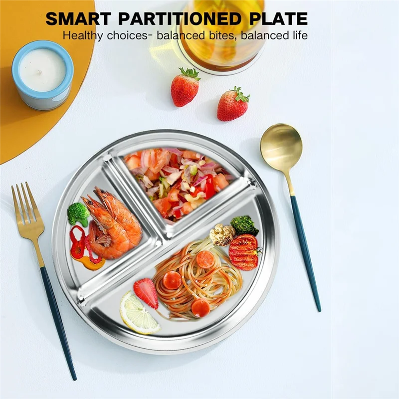 

B84B-Stainless Steel Kids Plates 2 Packs,9Inch Portion Control Plate Divided Plates For Adults Bariatric Weight Loss Diabetic