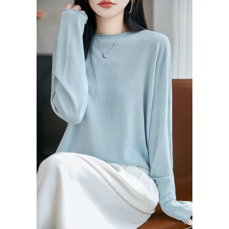 

2026 Spring and Autumn Water soluble High end Top Women's Curled Edge Round Neck Thin Sweater Loose Casual Knitted pullover