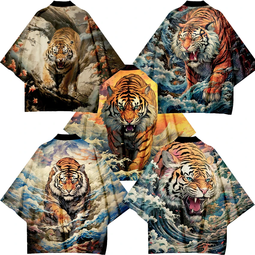 2024 New Japanese Traditional Tiger Graphic Women Kimono Asian Clothes Kimonos Cardigan Shirt Japan Unisex Trend Haori Yukata