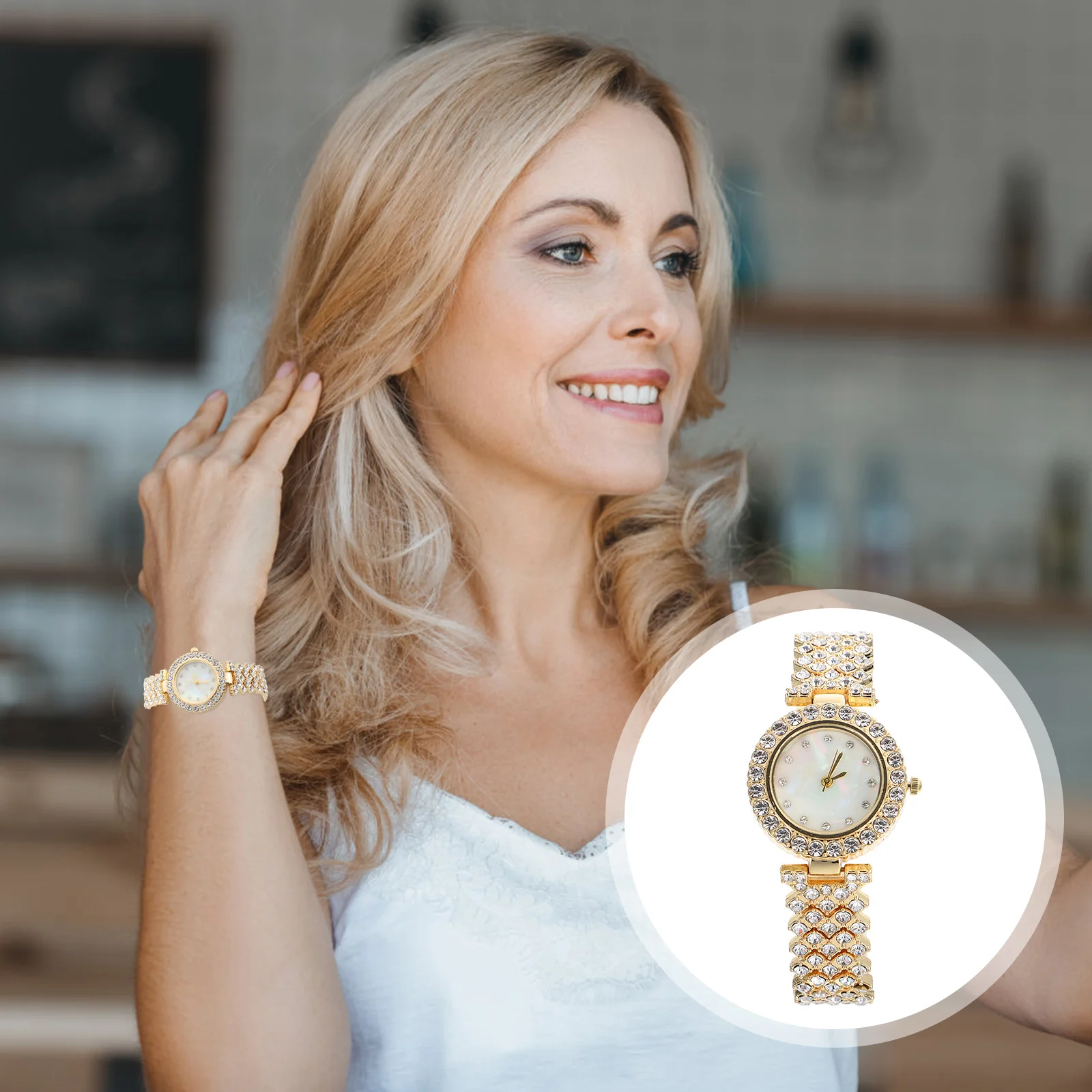 

Rhinestone Watch Women Gold Strap Adjustable Size Lady Alloy Diamond Gift Female Friend Elegant Classic Occasions Daily Wear