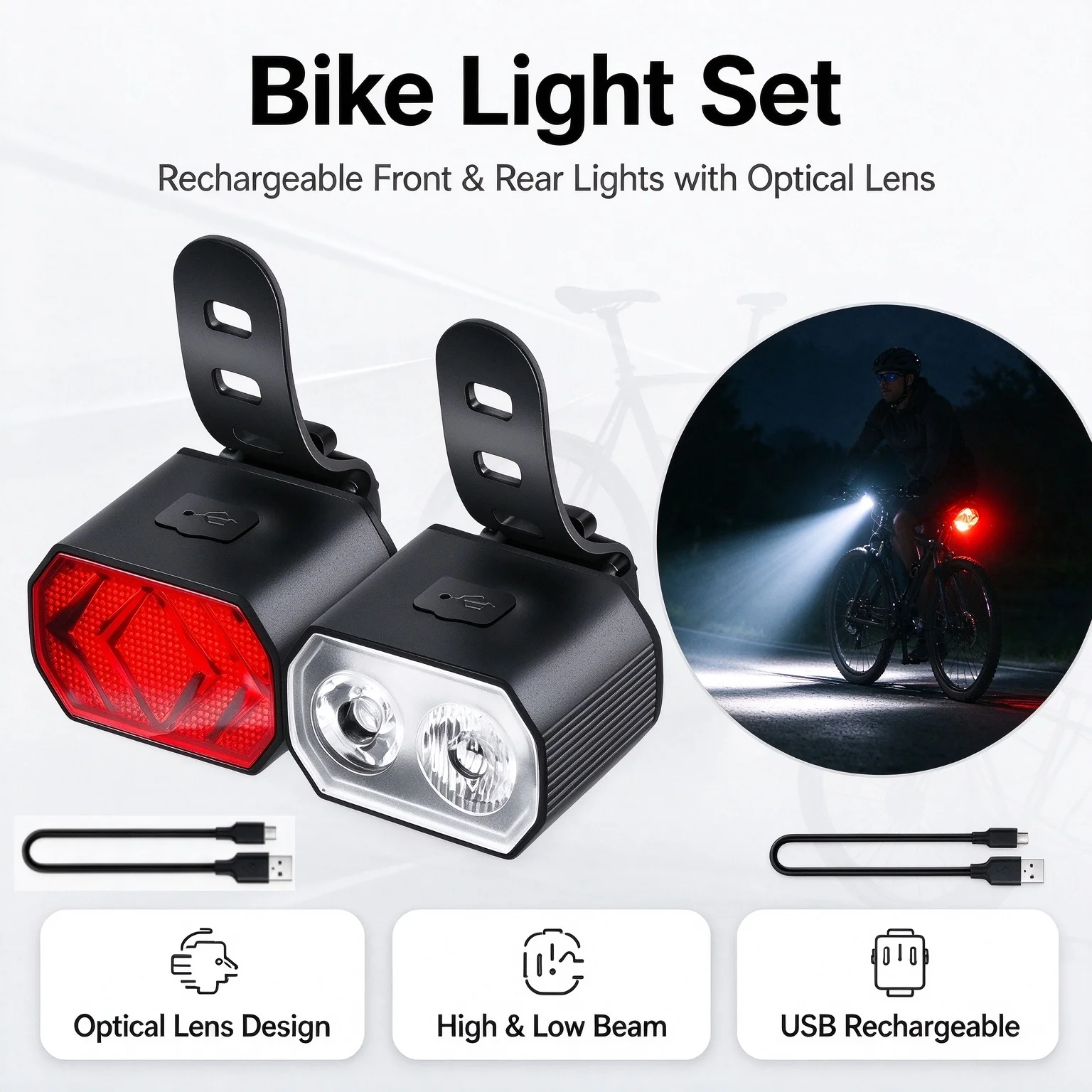 Bike Light Set Front and Rear USB Rechargeable Waterproof Headlight Taillight MTB Road Cycling Safety Warning Lamp