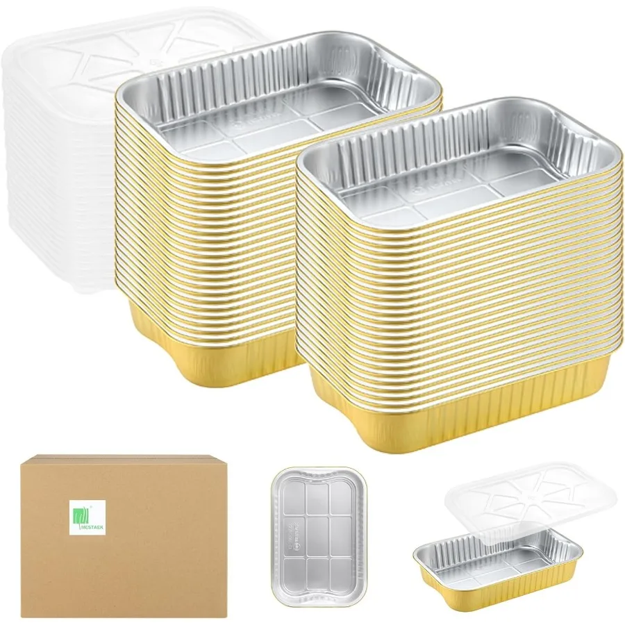 

13"x 8.9" 7.5LB Sturdy Aluminum Foil Pans with Lids 50 Packs 2X Thicker Heavy Duty for Dishwasher Reusable Microwavable for Coo