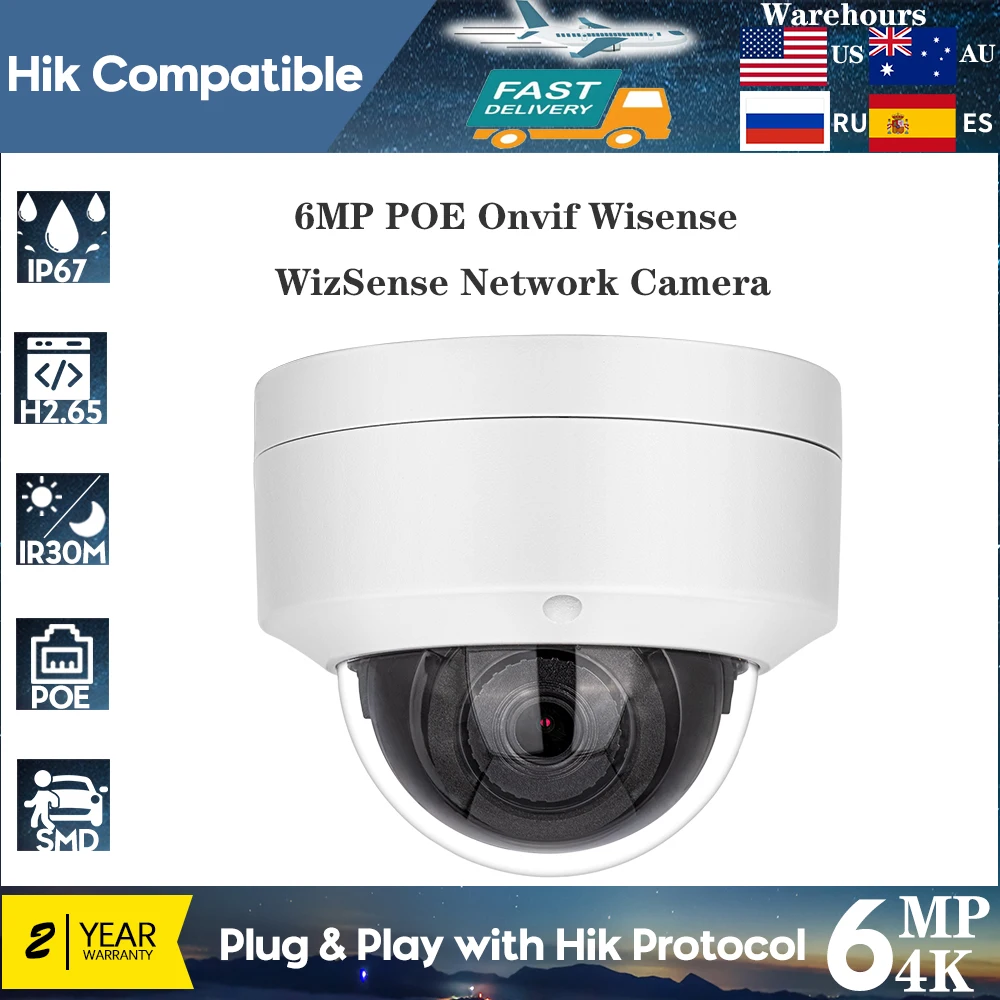 Hikvision Compatible 6MP POE Security Dome IP Camera Onvif Wisense IR Night Vision Human Vehicle Detection Cam Mic IP67