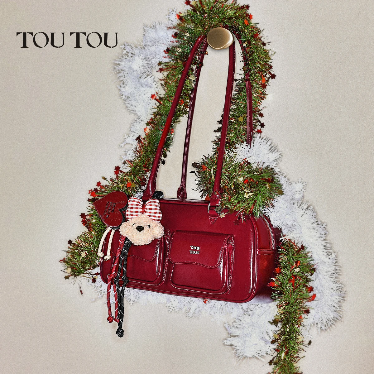Toutou حقيبة البولينج الحمراء ذات الجيب المزدوج y2k هدية عيد الميلاد والعام الجديد حقيبة نسائية ذات سعة كبيرة حقيبة كتف هدية لصديق