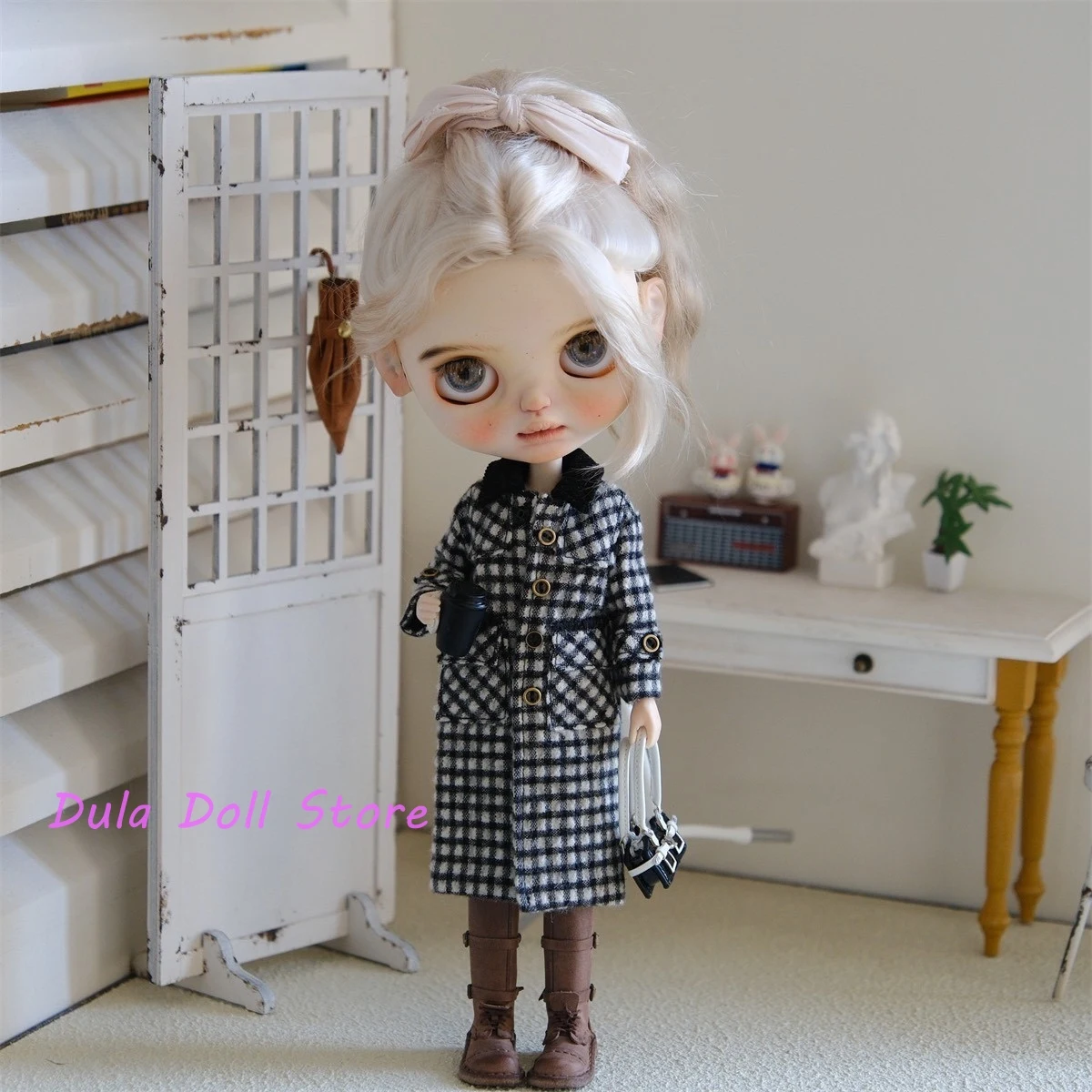 

Dula Doll Clothes Trendy Wool Black and White Checkered Coat for Blythe Landoudou Landazz Qbaby ob24 ob22 Azone Bjd Doll