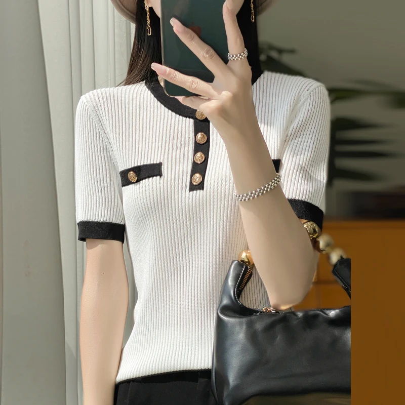 Western-style wild contrast fashion sweater women's color matching round neck pullover short sleeve temperament bottoming shirt