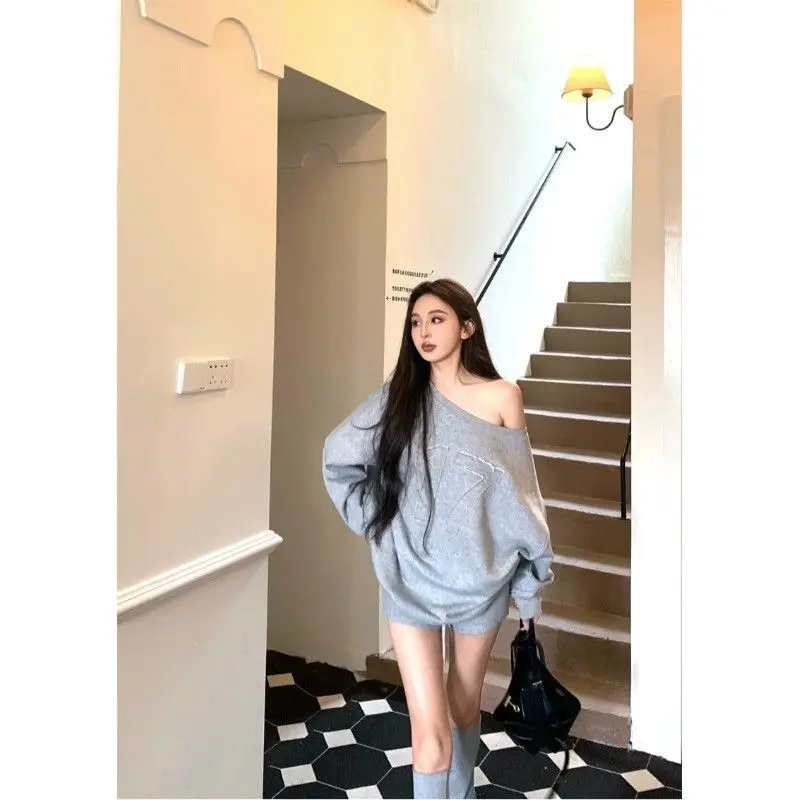 Grey Casual Set Women's Autumn 2025 New Patchwork Loose Long Sleeve Sweatshirt High Waist Wide Leg Short Pants