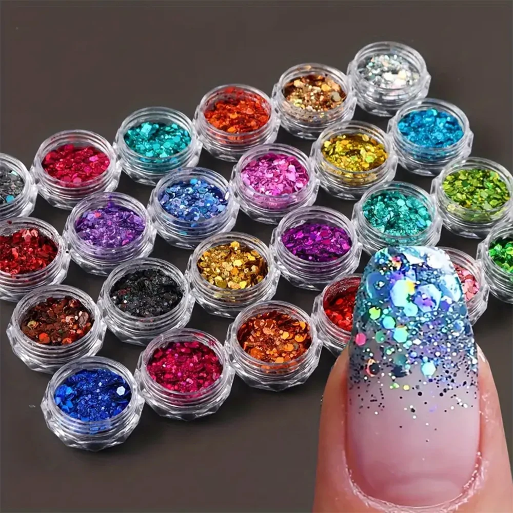 

24 цвета/набор, голографические блестки для ногтей-хамелеоны, смешанные массивные шестигранные блестки, пудра для ногтей, красочные лазерные блестки для дизайна ногтей, чешуйки