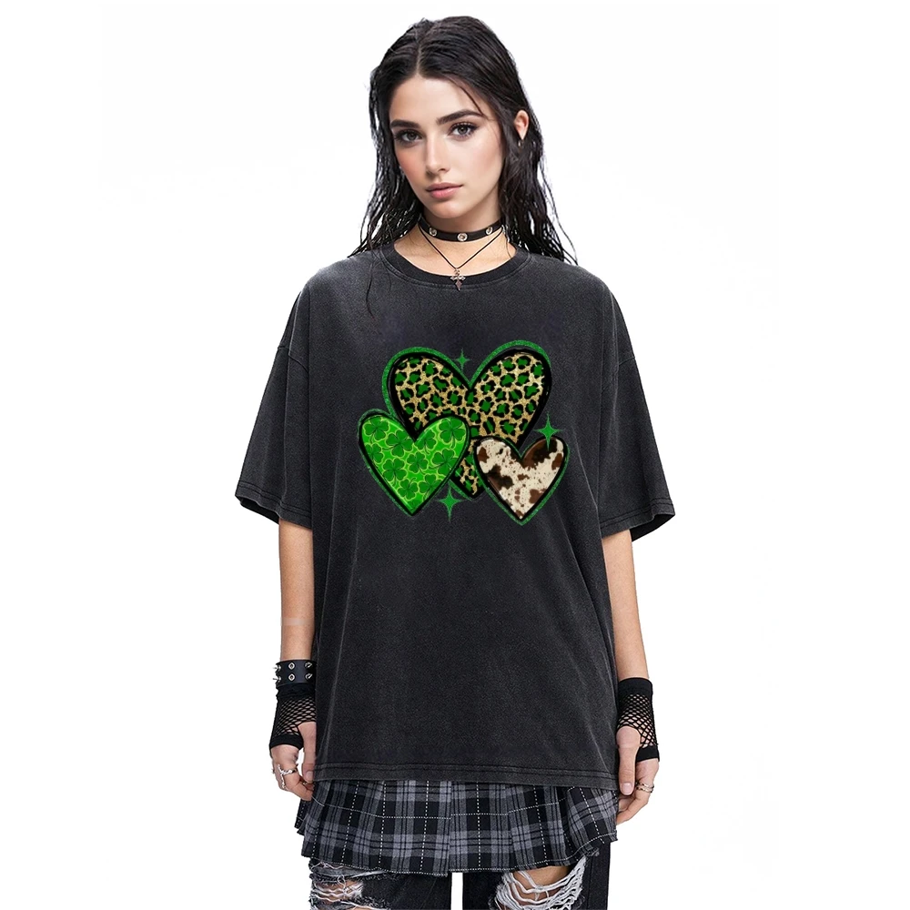 

Vintage Y2K St Patrick's Day Leopard Clover Cow Print Hearts T Shirt Unisex Acid Wash Oversized Tee Women Men Fashion Streetwear
