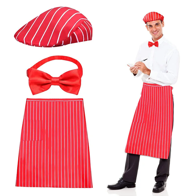 

Red Chef Uniform set Stripy Apron Hat Bow Tie Men Women Halloween Party Waiter Cosplay Costume Cafe Staff