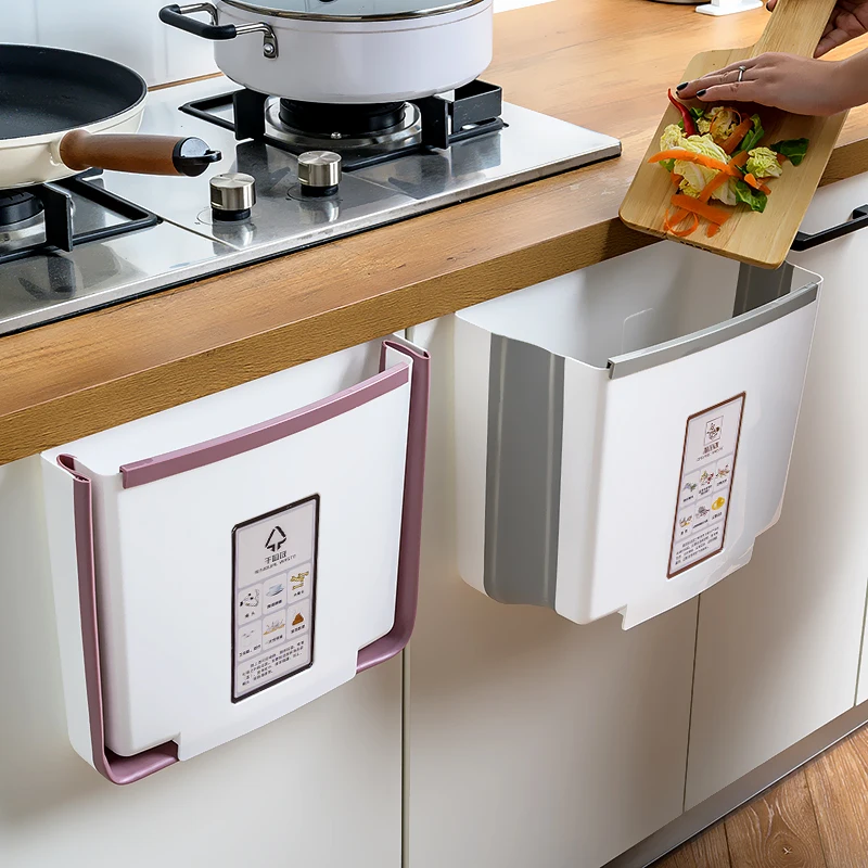 Kitchen Office Hang Trash Cans Home Simple Foldable Storage Bucket Rack Creative Household Cleaning Tools Accessories Waste Bins