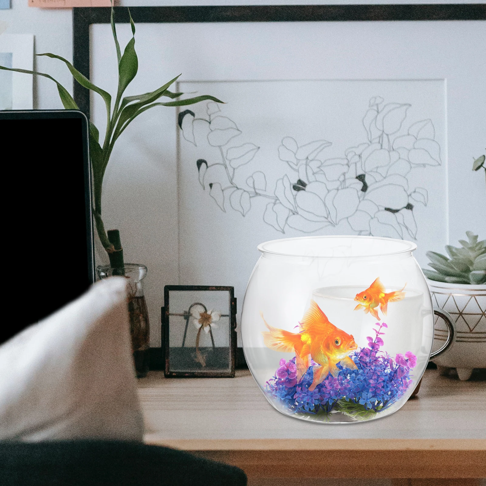 

Transparent Fish Tank Desktop Bowl for Goldfish Turtle 9813 Plastic Bowls Clear Aquarium Container Office Living Room Pet