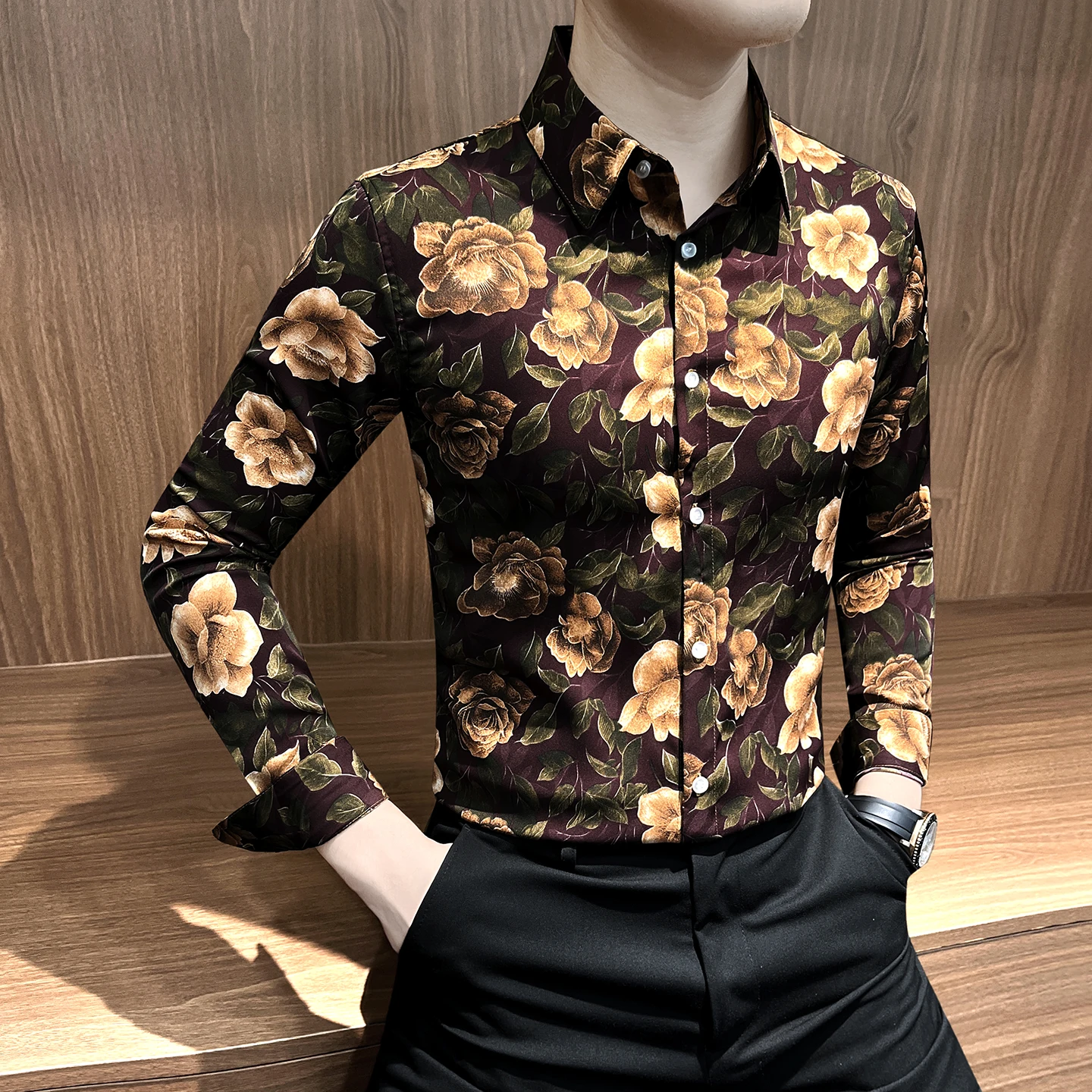 

Autumn Winter Flower Shirts Men Long Sleeve Casual Shirts Versatile Slim Fit Business Social Shirt Party Tuxedo Streetwear Tops