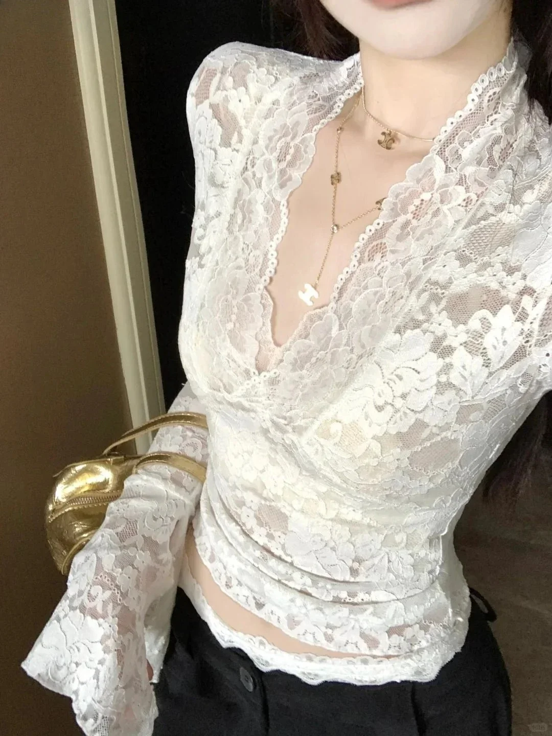 Elegant White Lace Deep V Neck Crop Top with Extended Flare Sleeves Delicate Lace Accents Sheer Y2K Fashion SexyTop Women