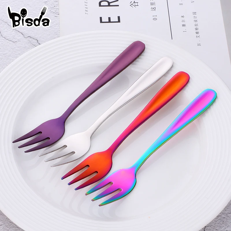 1Pc Fruit Fork  stainless Steel Small Forks For Dessert Rainbow Small Tea Fork Gold Mini Forks for Cake Colorful Dinnerware