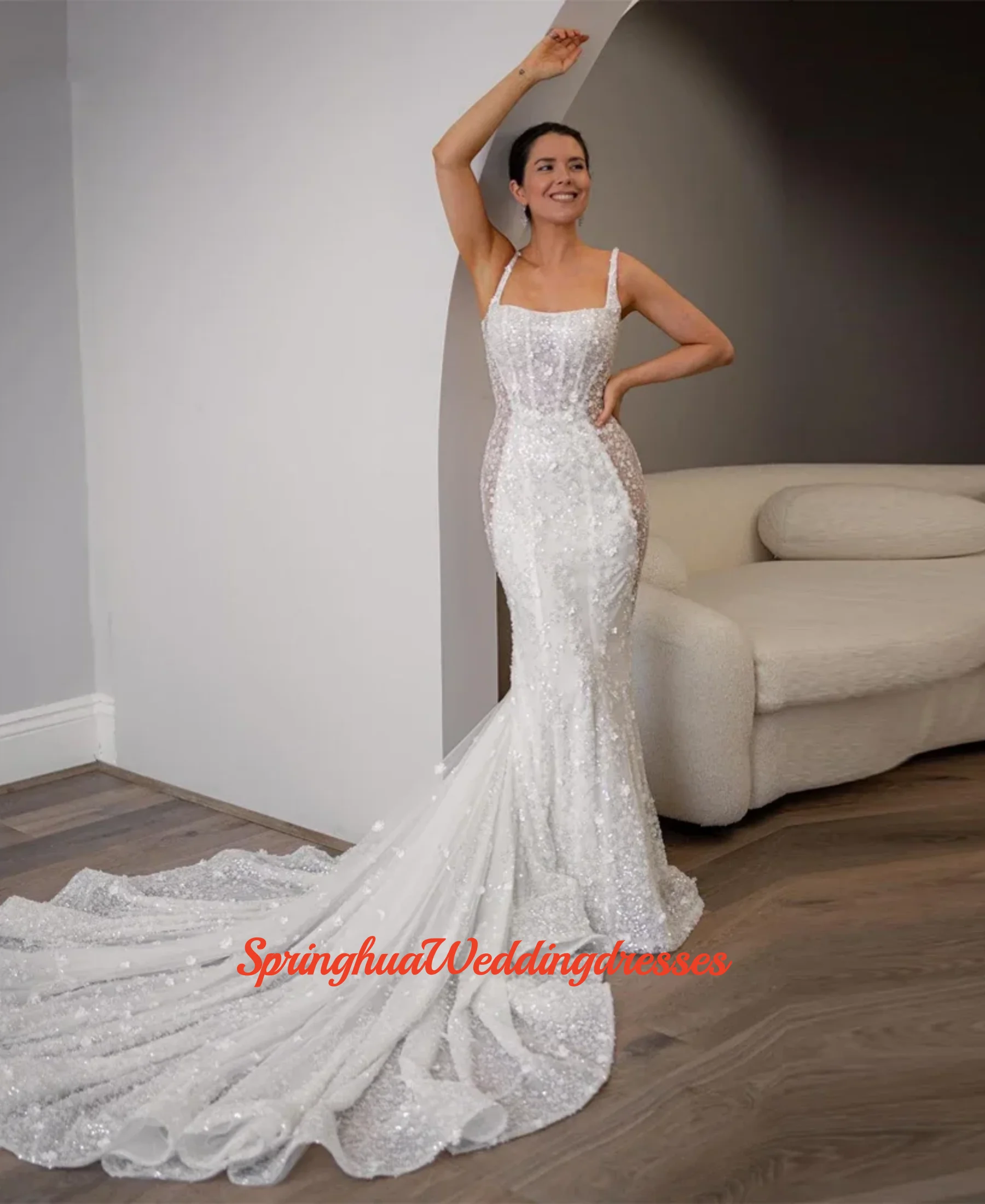 

Элегантное свадебное платье русалки с квадратным вырезом по индивидуальному заказу и аппликацией без рукавов с открытыми плечами, свадебное платье длиной до пола, халат