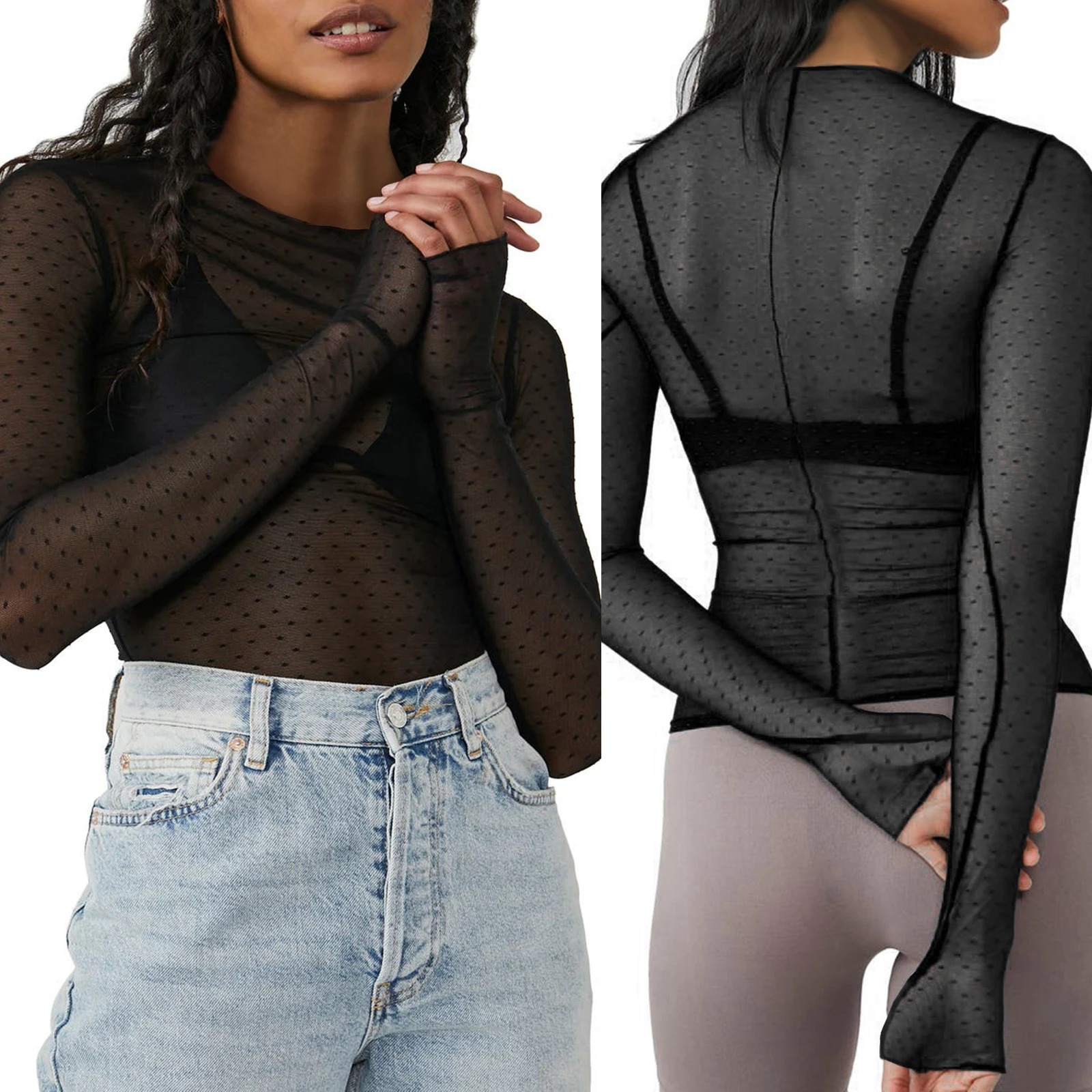 المرأة طويلة الأكمام تي شيرت عادية طاقم الرقبة النقاط شفافة سليم صالح شير القمم الطفل تيز Y2k نادي الشارع الشهير #3