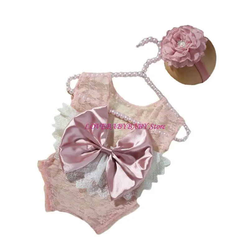Newborns Photography Outfit Set Including Large Bowknot Romper and Headband Set 4XBC