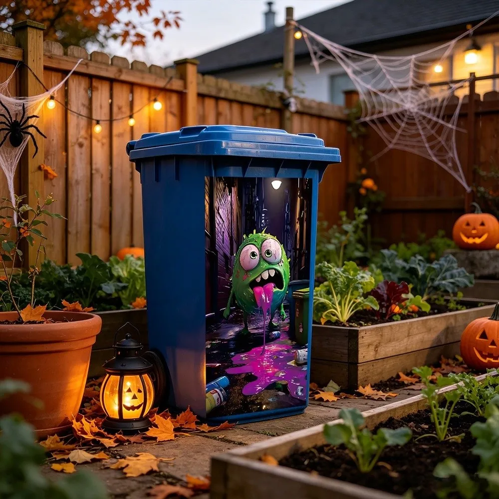 Self Adhesive Halloween Trash Can Decal Sticker Waterproof Vivid Print Bin Decor Sticker Decorative Graphic Sun Resistant