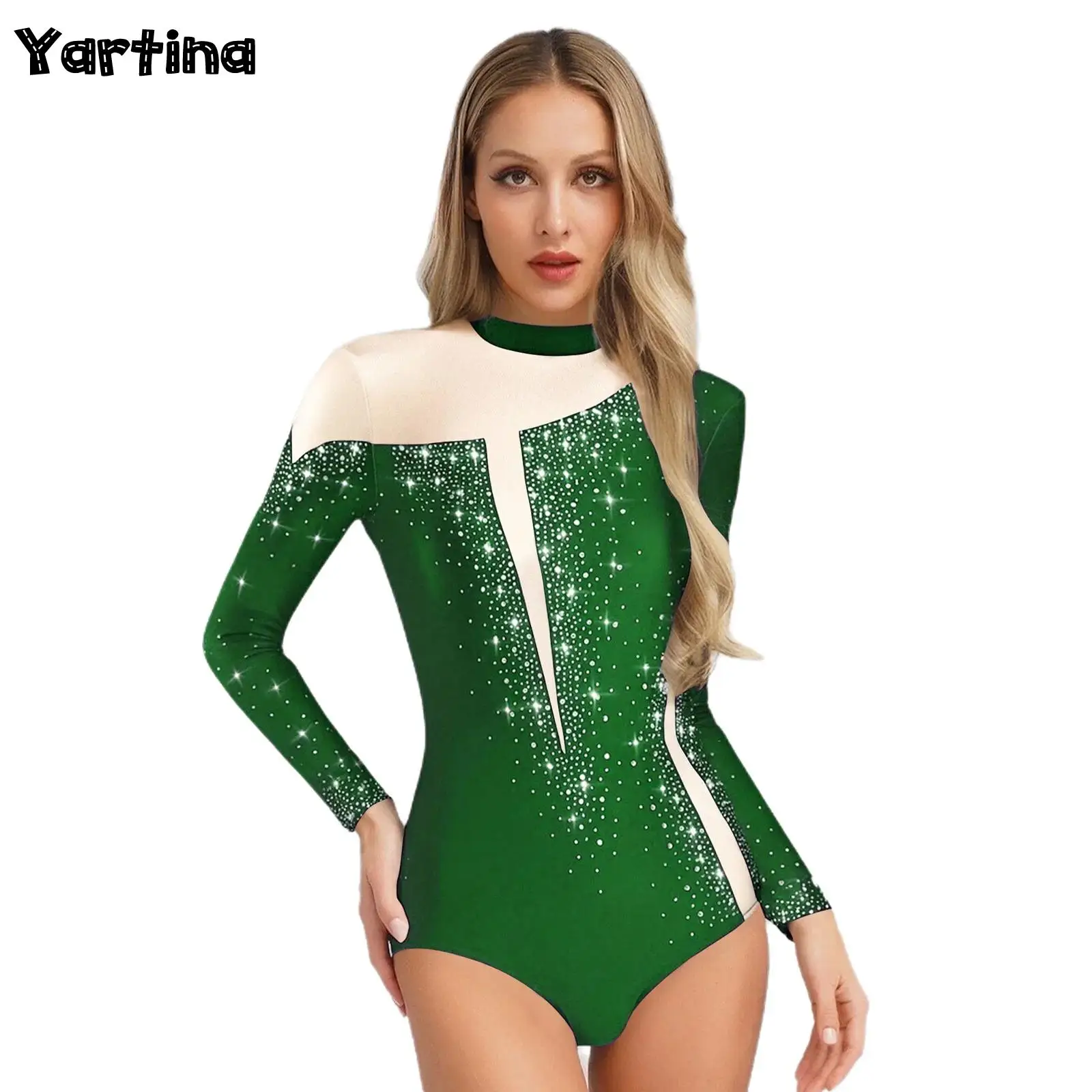 

Women Sparkly Rhinestones Gymnastics Ballet Jersey Leotard Sheer Mesh Bodysuit Jumpsuit Figure Skating Dance Performance Costume
