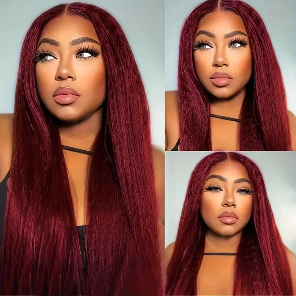 

13×4 Kinky Straight Burgundy Lace Front Wigs Human Hair Red Transparent Pre Plucked Lace Frontal Wig For Women 200% Density 99J