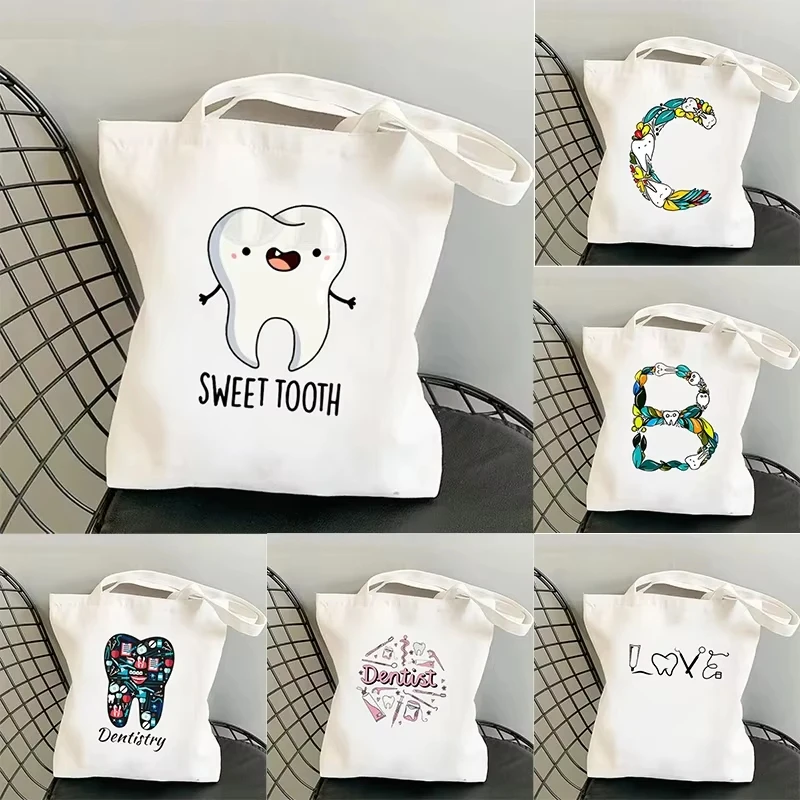 

Милая сумка с принтом зубов и стоматолога, модная сумка через плечо, повседневная экологичная сумка большой вместимости, портативная сумка для покупок, подарок