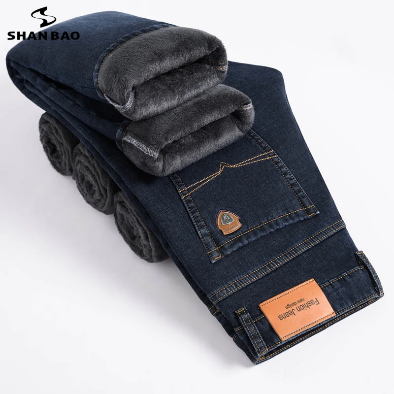 SHAN BAO 2024 Winter Brand Fit Straight Fleece Thick Warm Jeans Classic Badge Youth Men's Business Casual High waist Denim Jeans