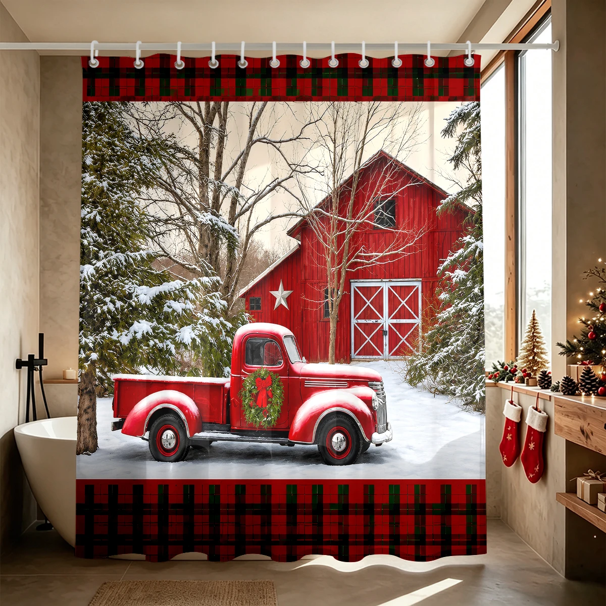 1PC Red Barn Retro Pickup Truck Snow Scene Shower Curtain, Waterproof Shower Curtain, Partition, Privacy Hanging Curtain