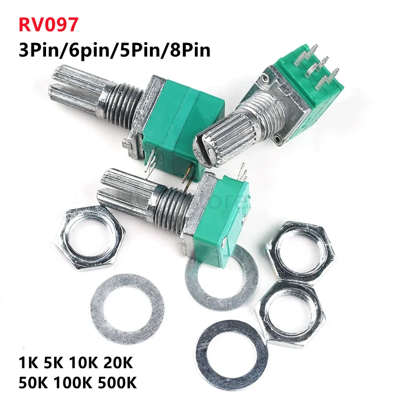 5pcs RV097 Volume Potentiometer 3-Pin 5-pin 6-pin 8-Pin Resistance B5K 10K 20K 50K 100K 500K Adjustable Potentiometer