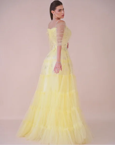 Robe de soirée en Tulle jaune personnalisée, élégante, col en v, épaules dénudées, robes de bal de haute qualité