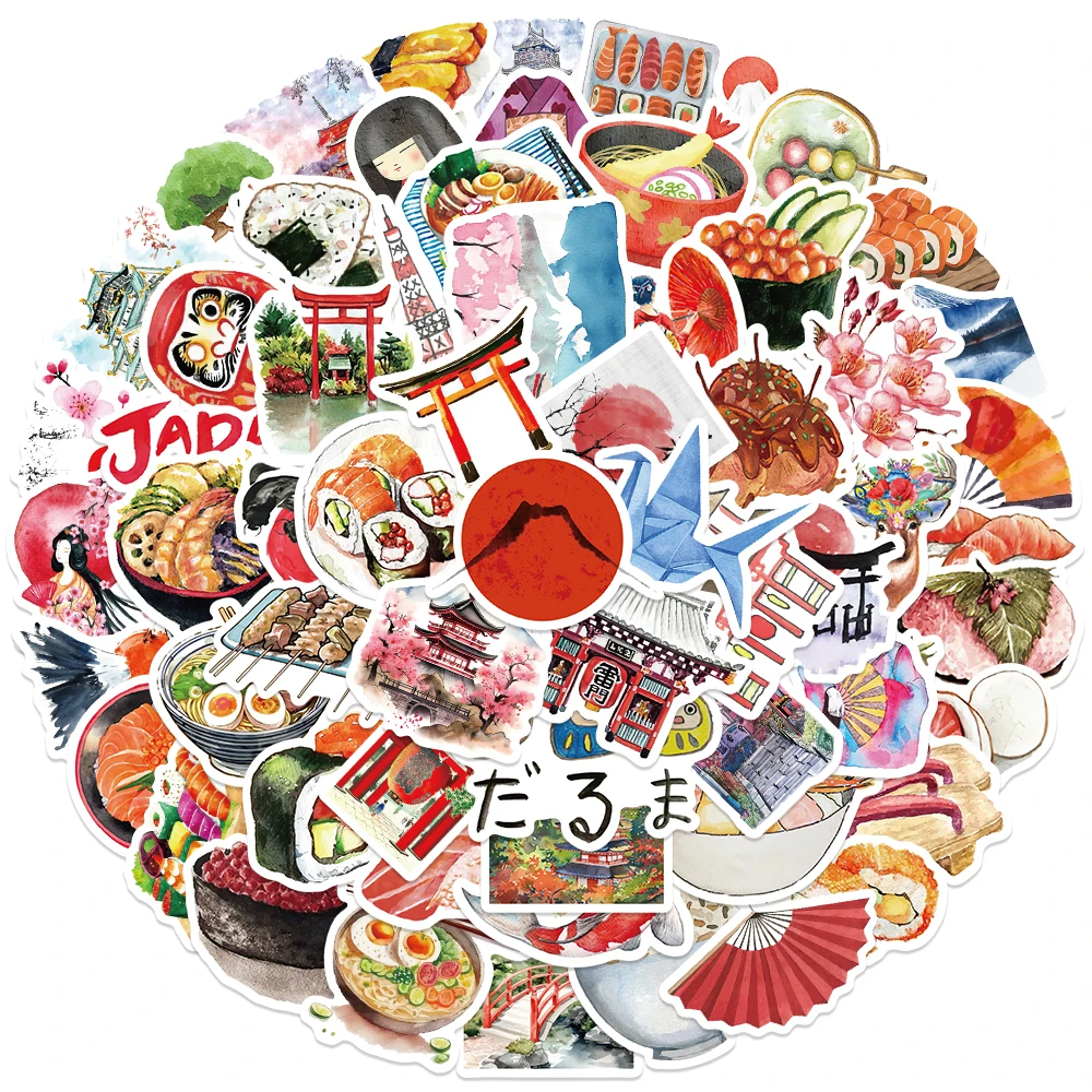 64pcs Watercolor Style Japanese Travel Stickers Aesthetic Decals For Water Bottle Laptop Luggage Skateboard Scrapbook Stickers