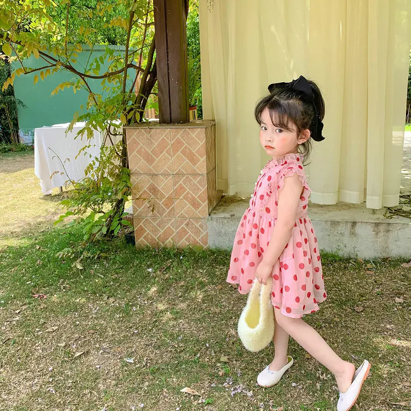 Girls' Polka Dot Elegant Sleeveless Dress Princess Dress25Summer New Foreign Trade Children's Wear Delivery3-8Years Old