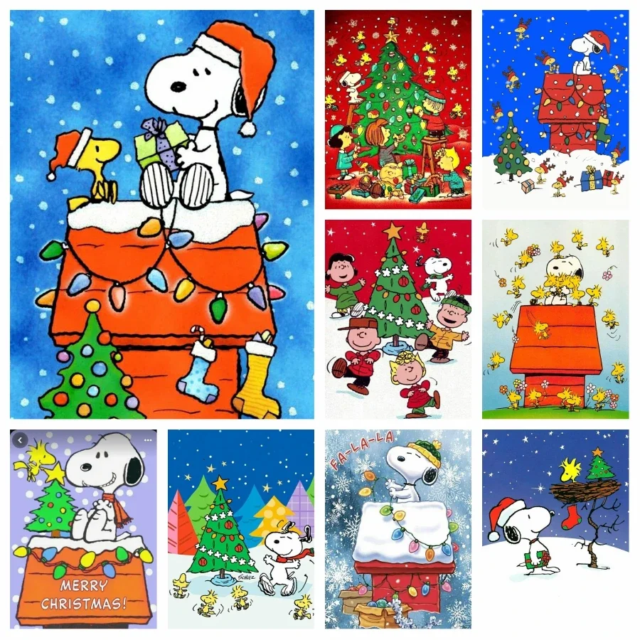 Cacahuetes Snoopy y Woodstock casa de perro pintura de diamante arte 5d Diy mosaico punto de cruz decoración de pared Feliz regalo de Navidad