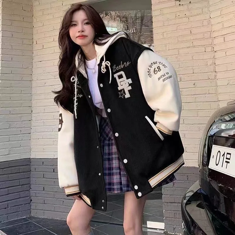 

Embroidered Hooded Baseball Uniform Y2K Vintage Bomber Jacket American Retro Letter Hooded Jacket Harajuku College Uniform Coat