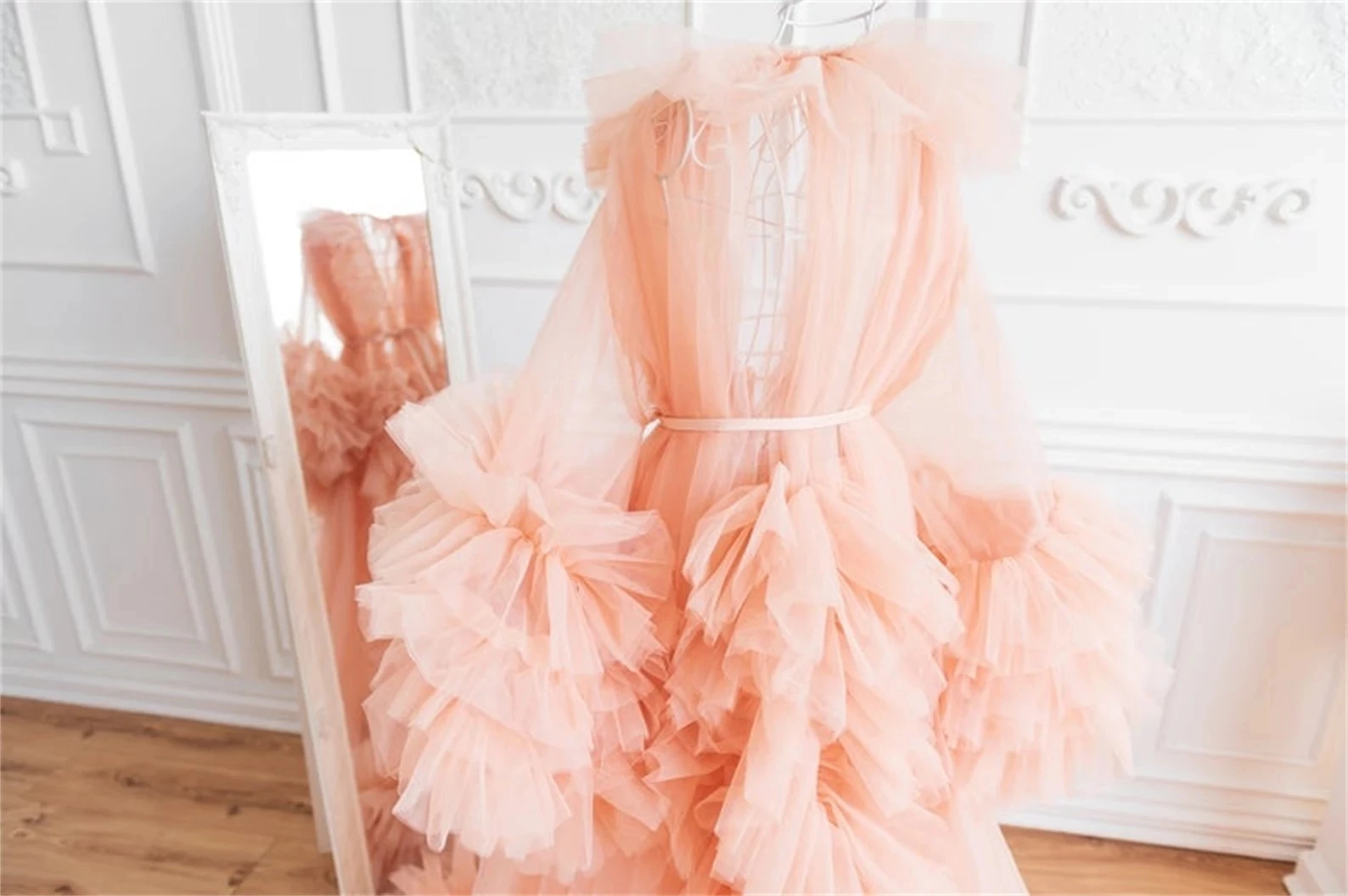 Camadas Ruffled Tulle Maternidade Robe, Vestido Longo Maternidade, Maxi Saia, Boudoir nupcial, Lingerie Pijamas, Luxo Pijamas