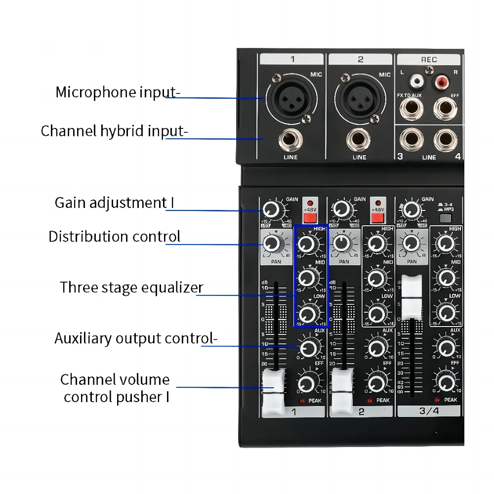 Sound Card Audio Mixer Sound Board Console Desk System Interface 4 Channel USB BT +48V Power Stereo digital mixer