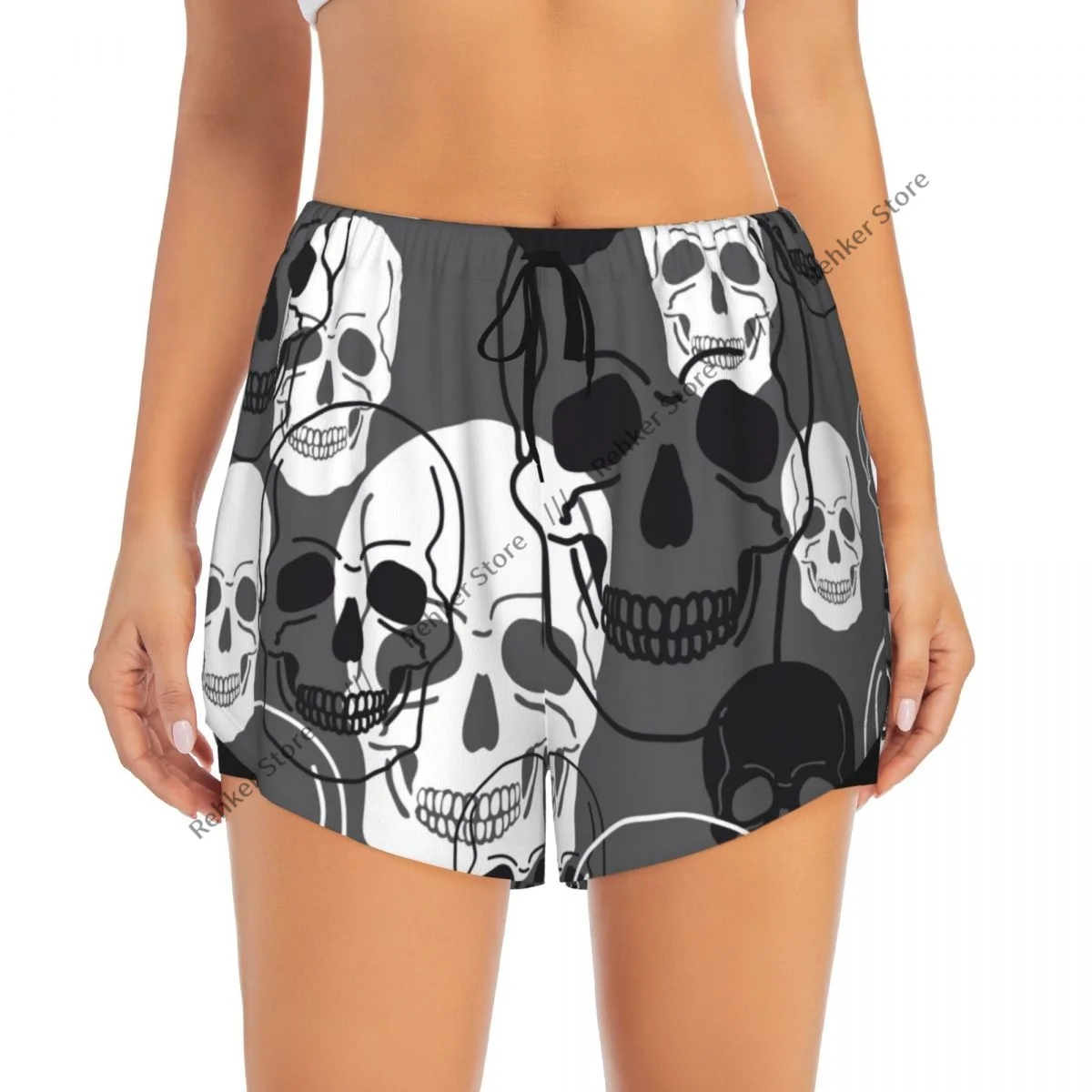 Calções esportivos femininos abstratos crânios impressão moderna correndo yoga fitness treinamento de badminton de secagem rápida com bolso