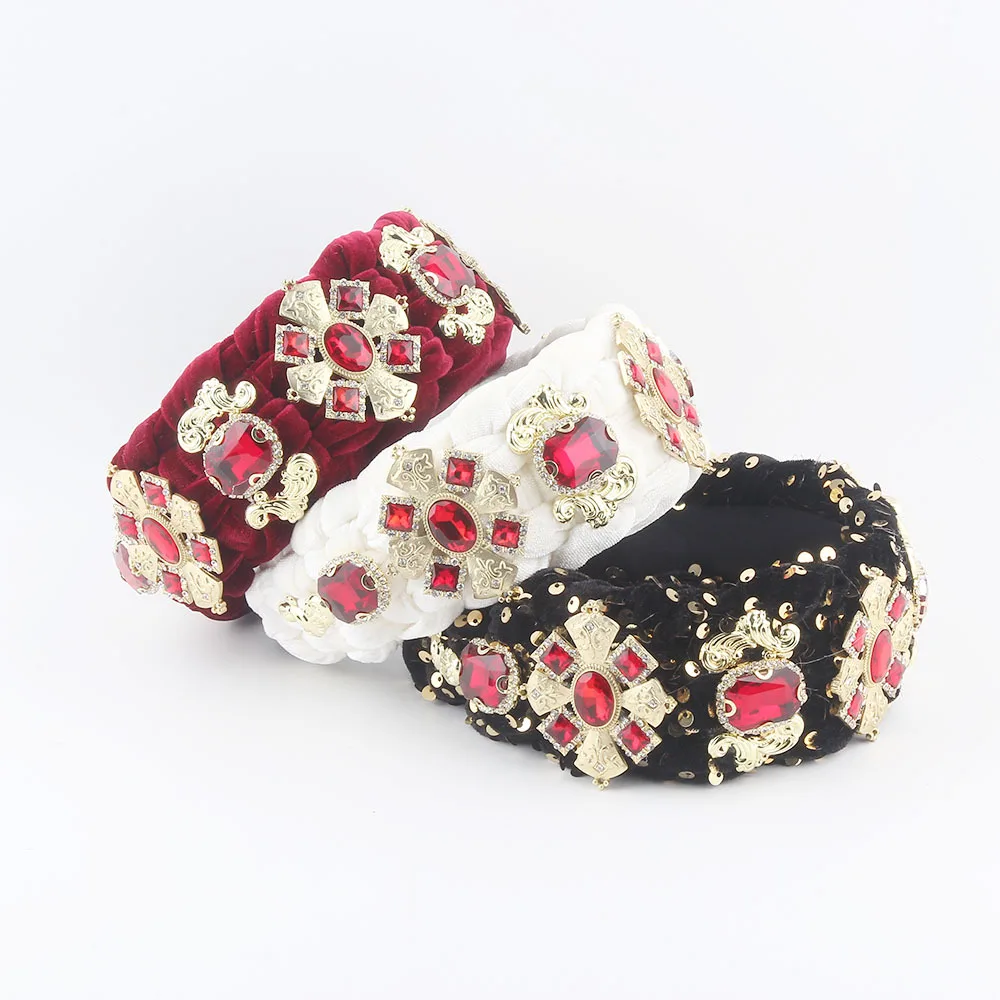 

European and American New Velvet Gold Velvet Inlaid Diamond Cross Headband Fashion Luxury Hair Accessory