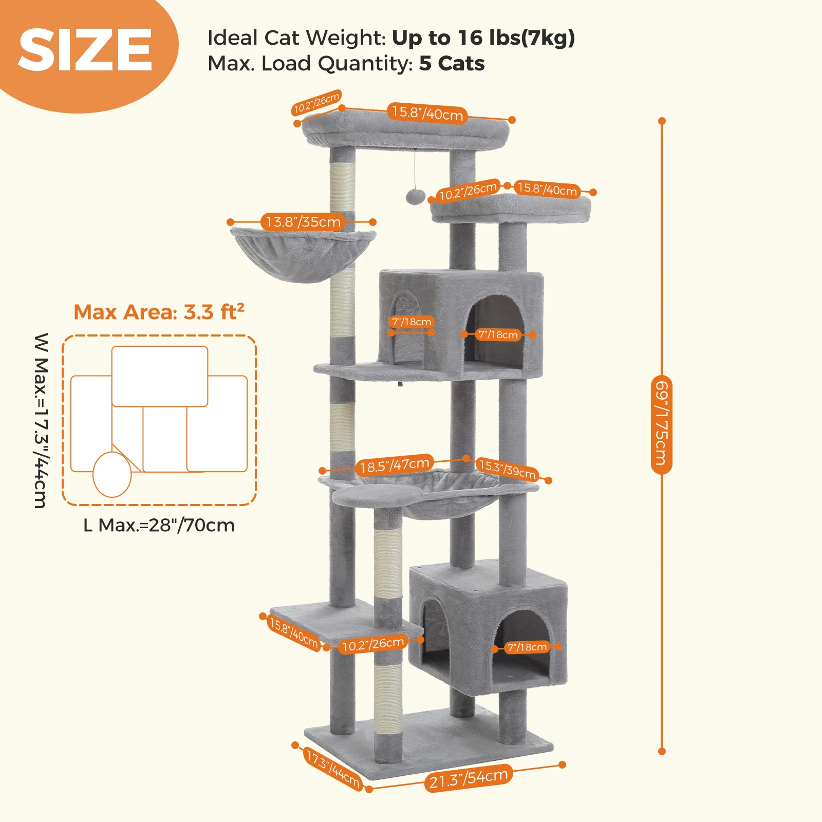 175cm Cat Tree Tower for Large Indoor Cats with Spacious Hammock Climbing Posts Cozy Condo and Elevated Perch for Adult Cats