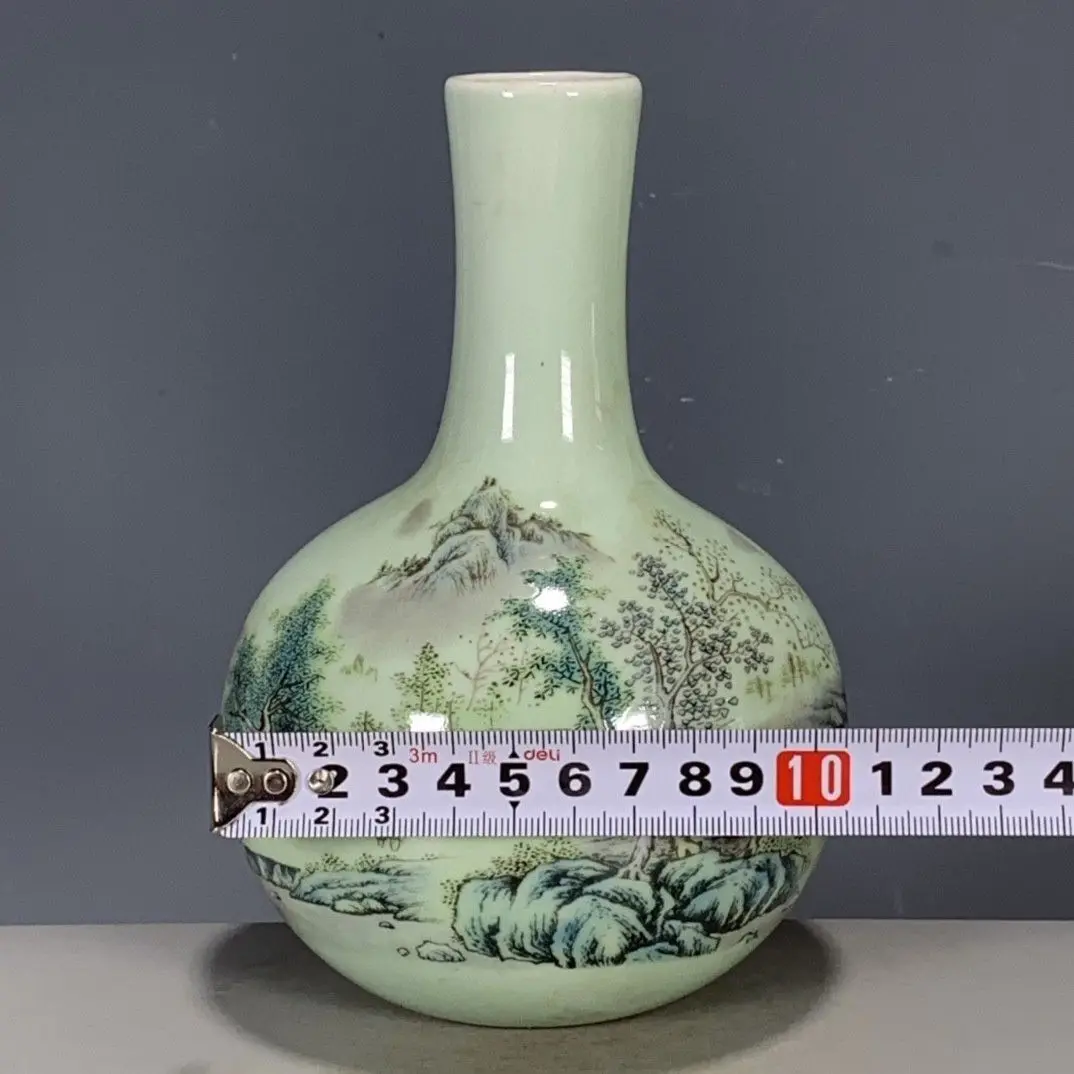 Chinese Porcelain Qing Tongzhi Bean Green Glaze Landscape Tianqiu Vase 6.57 Inch