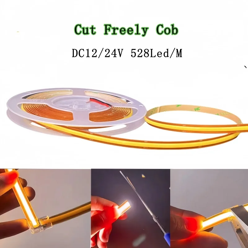 

DC 12V 24V Cut Freely COB LED Strip 528LEDs/m 8MM PCB High Density Flexible 3000K 4000K 6000K COB Tape Light Bar Linear Lighting