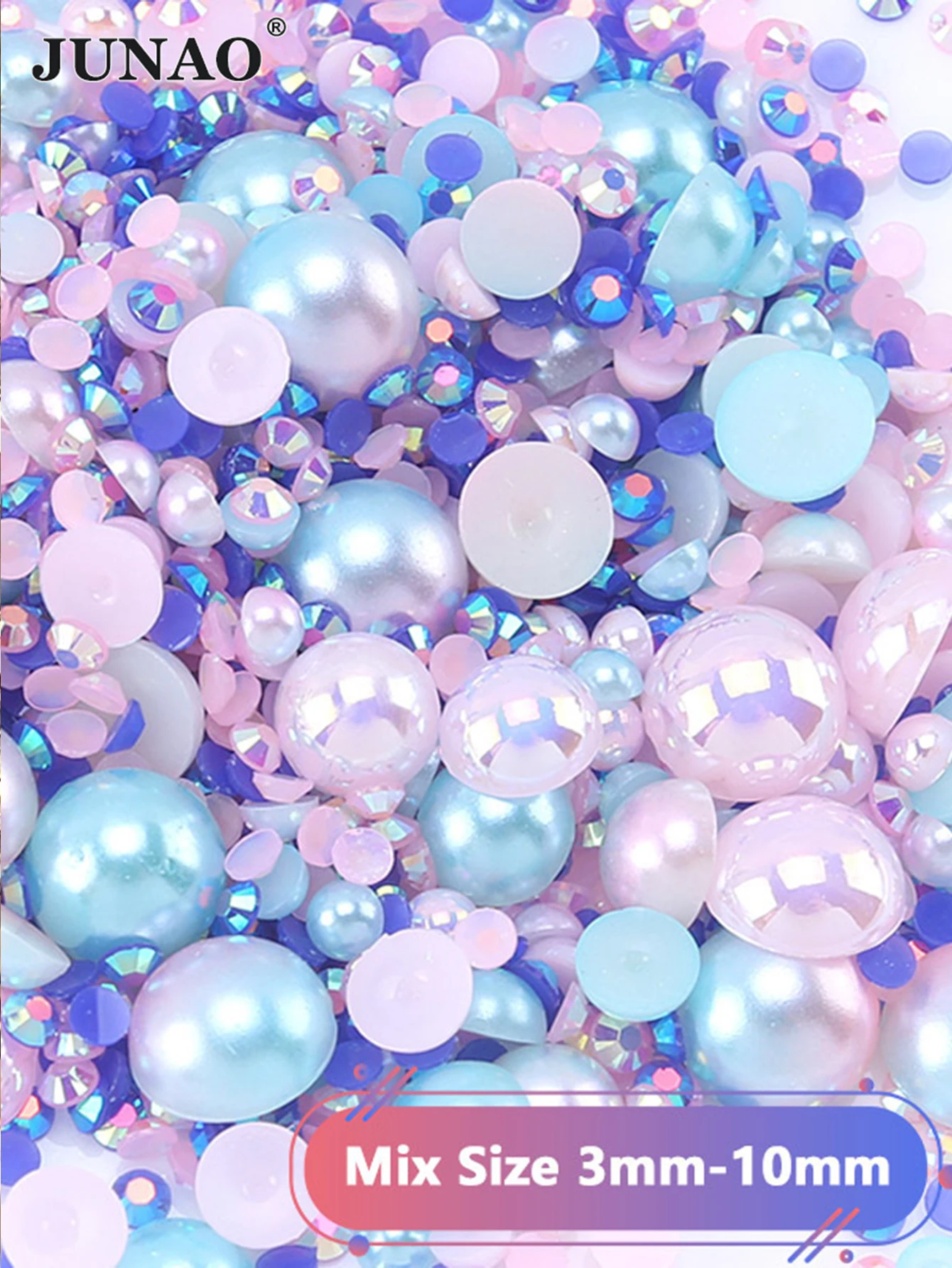 JUNAO 3mm-10mm 30g Mix Size Pink Blue Color ABS Plastic Pearl Rhinestone Flatback Half Round Beads Glue On DIY Craft Decoration