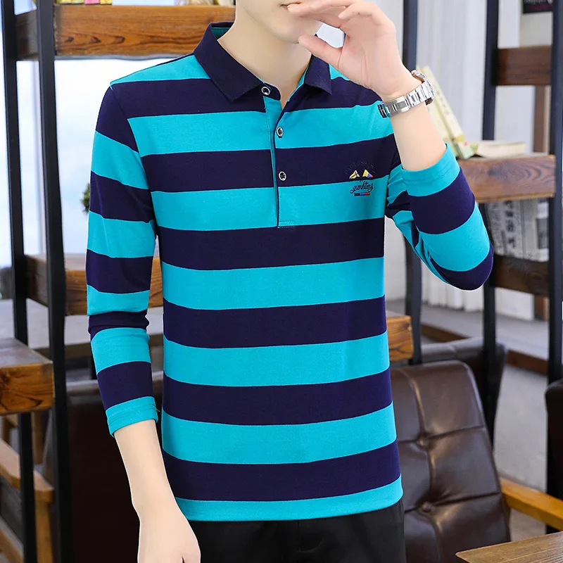 Spring Autumn Turn-down Collar Contrast Color Men\'s Clothing Button Striped Long Sleeved Pullover T-shirt Comfortable Tops
