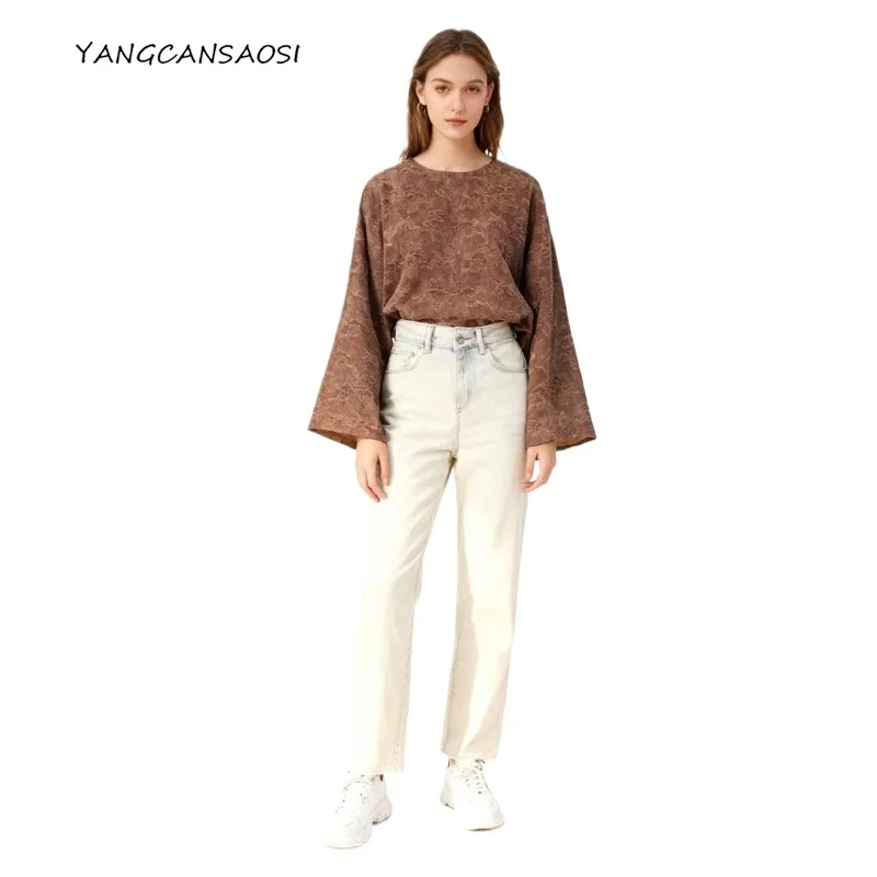 

Coffee Colored Phoenix Wearing Peony 100% Natural Mulberry Silk Fragrant Cloud Yarn Women's Round Neck Long Sleeve T-shirt